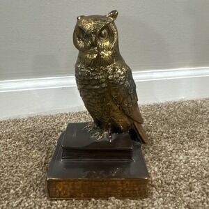 Vintage Cast Brass Owl Figurine Sculpture Bookend Standing On Books MCM